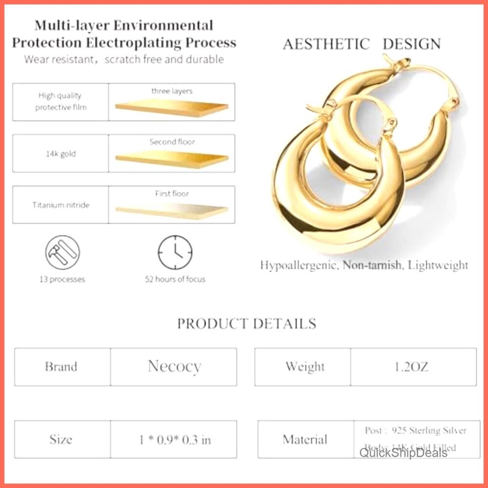 14K Gold Plated Chunky Triple Hoop Earrings Hypoallergenic - Picture 5 of 7